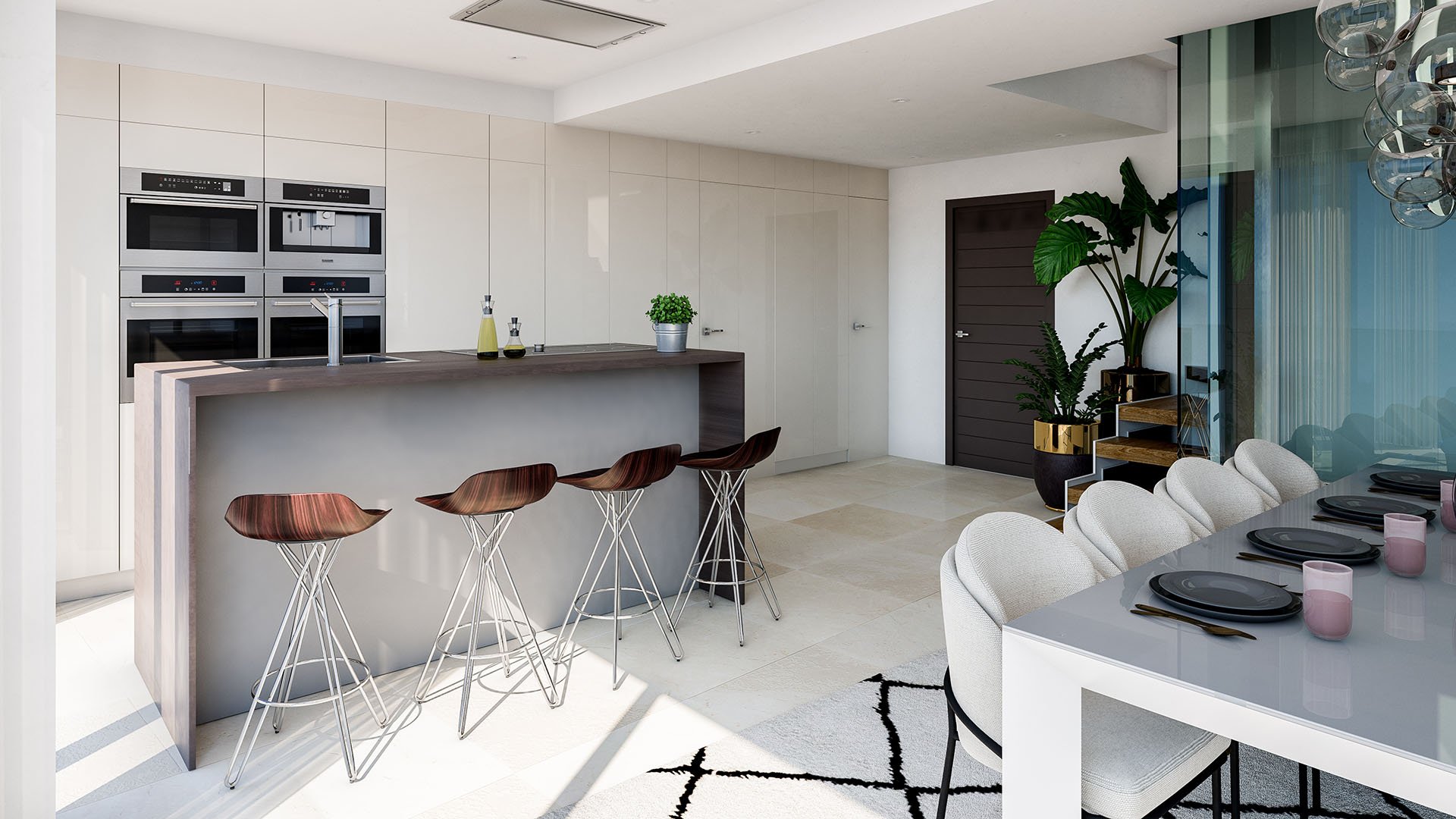 Open keuken met eetgedeelte in een Ocean 360 villa, Benahavís