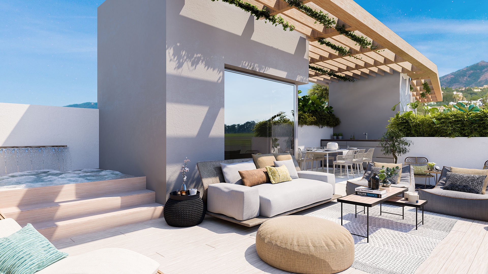 Solarium op het dakterras van een Ocean 360 villa in Benahavís met panoramisch uitzicht