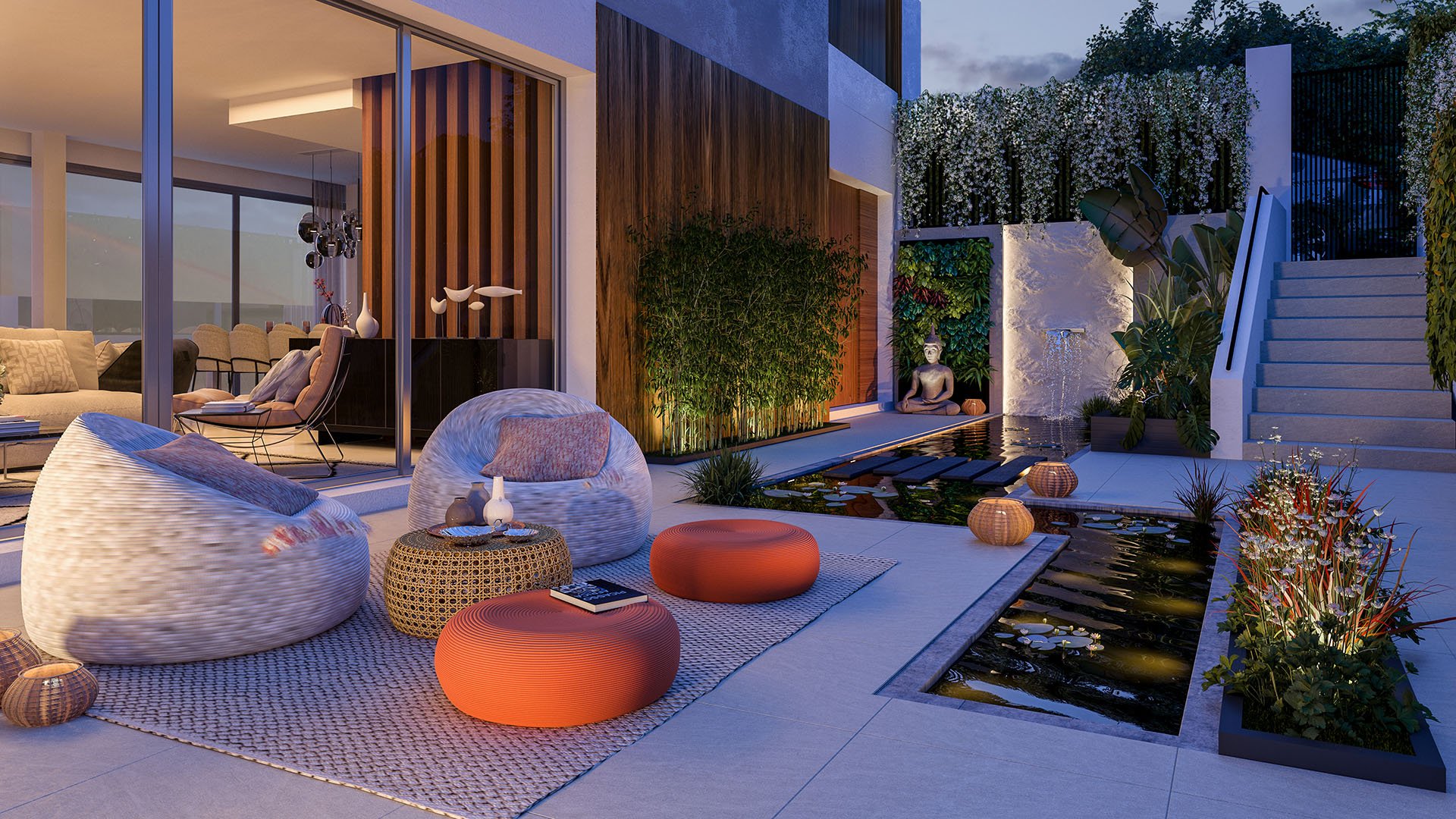 Tuin en loungehoek van Ocean 360 bij schemering, Benahavís