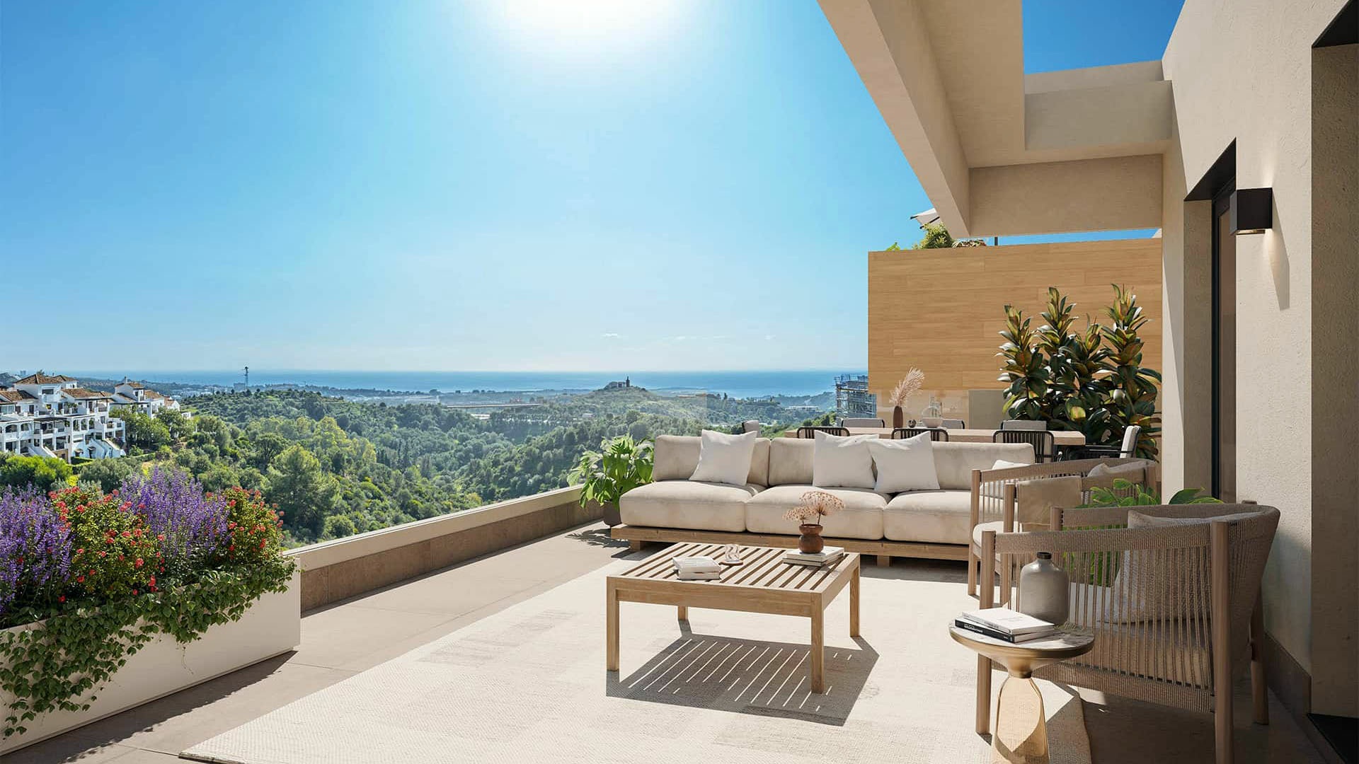 Terras met loungehoek van appartement Soleil in Los Monteros Alto, Marbella